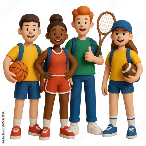 Joyful sport students back to school with school supplies in a fun 3d illustration environment