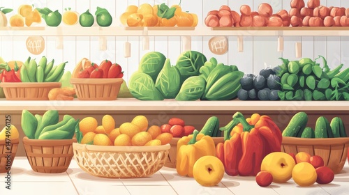 Vibrant display of fresh produce in a market setting showcasing a variety of fruits and vegetables