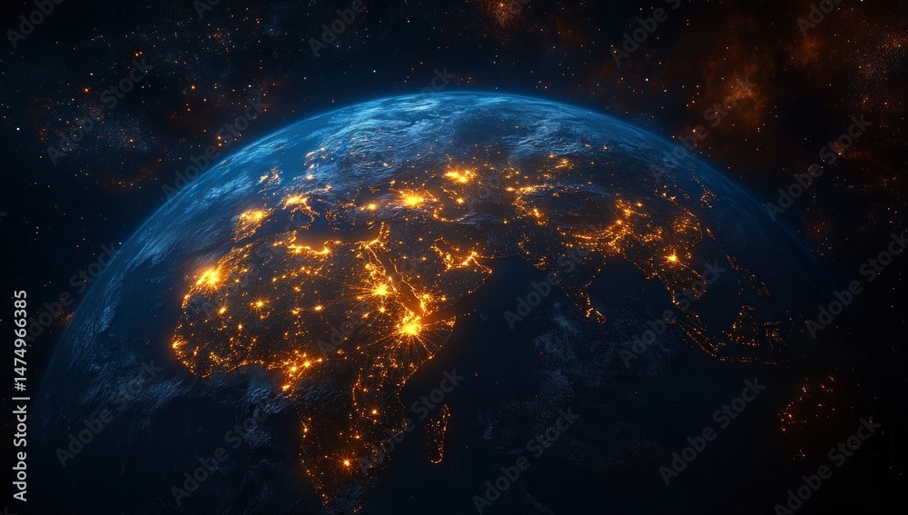 Obraz premium Earth from space, city lights shine on continents