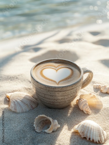 A beautifully crafted latte art heart in a cup on sandy beach with seashells and gentle waves