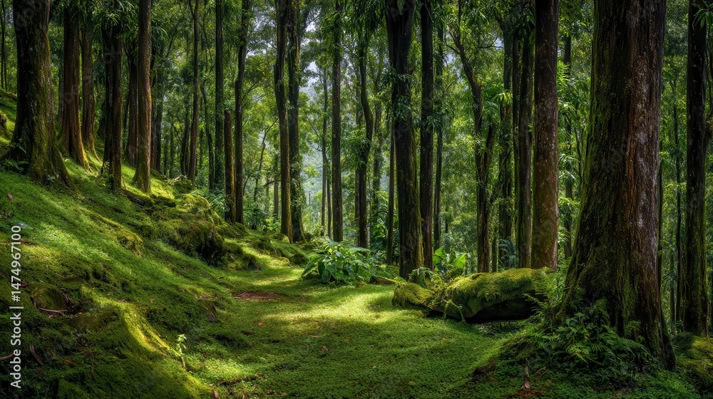 Naklejka premium Lush, mossy forest path leading into sunlight.