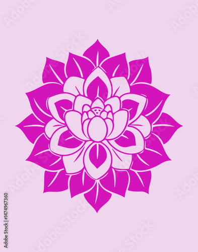 Beautiful flower mandala illustration featuring a vibrant lotus design. Pink outline flower greeting card design.