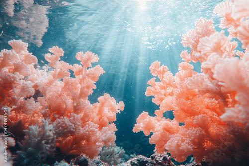 Surreal underwater reef shaped like trees with soft coral foliage in clear ocean water, generative ai