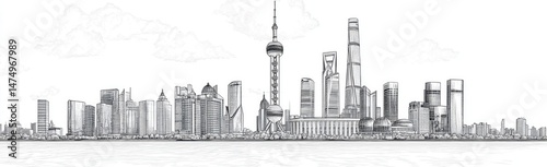 Shanghai skyline pencil sketch.  Urban cityscape drawn with intricate details, featuring numerous skyscrapers, a prominent tower, and a tranquil waterline