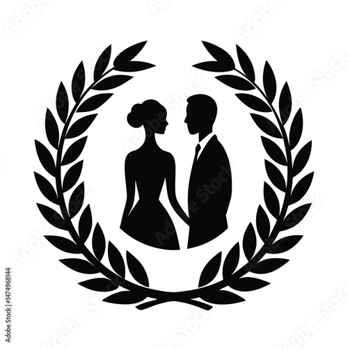 Elegant silhouette of a bride and groom within a laurel wreath representing love and marriage