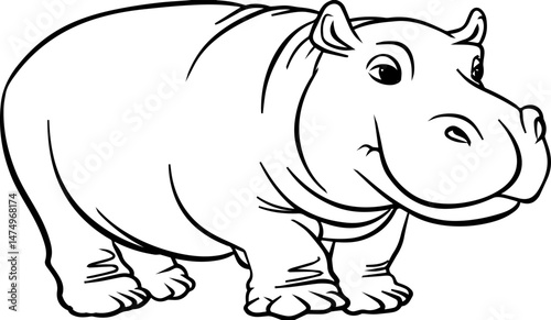 Illustration of a smiling hippopotamus , showcasing the charm of wildlife. Black outline art for coloring page and children's art projects
