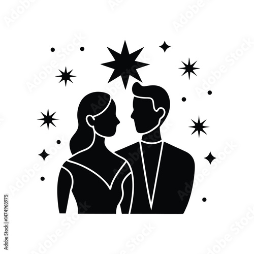 Elegant silhouette of a couple gazing at each other with stars as a symbol of romance and celebration.