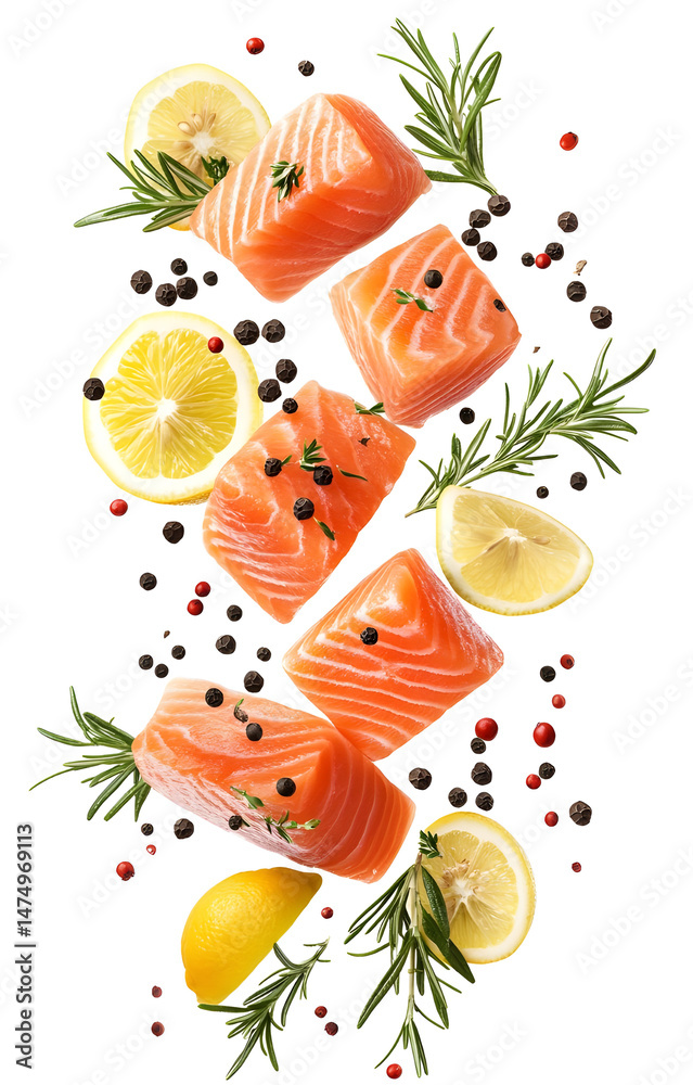 fresh raw salmon cubes, flying with lemon slices, rosemary sprigs, black and pink peppercorns, isolated on white background