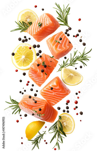 Obraz na płótnie fresh raw salmon cubes, flying with lemon slices, rosemary sprigs, black and pink peppercorns, isolated on white background w salonie