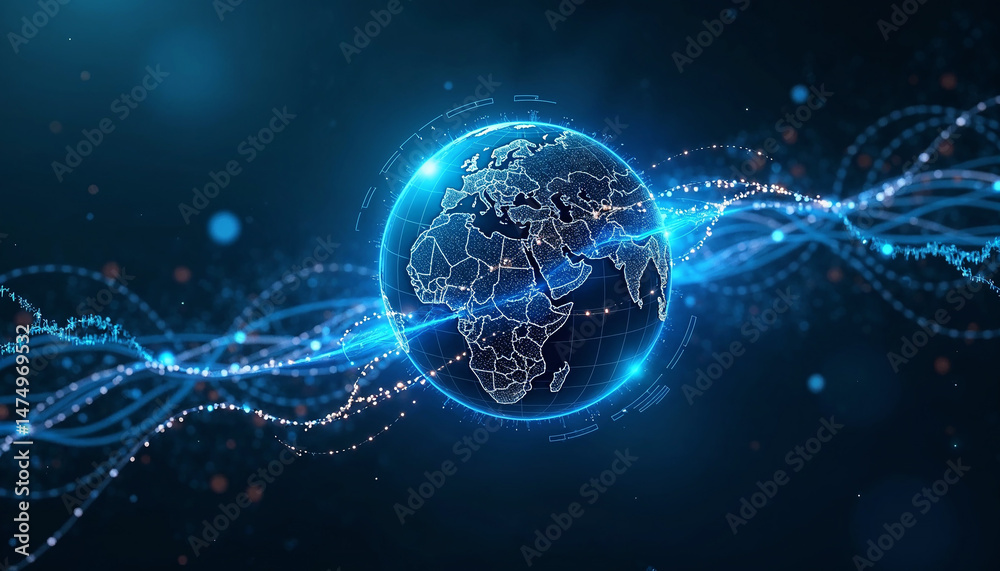 Obraz premium Global Connectivity with Illuminated Earth and Digital Waves for Technology Blogs, Innovation Websites, Science Articles, and Virtual Communication Awareness 
