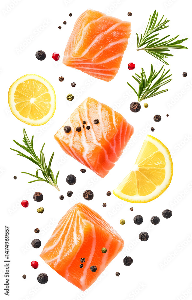 fresh raw salmon cubes, flying with lemon slices, rosemary sprigs, black and pink peppercorns, isolated on white background