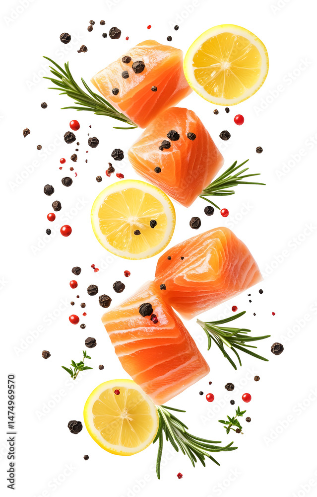 fresh raw salmon cubes, flying with lemon slices, rosemary sprigs, black and pink peppercorns, isolated on white background