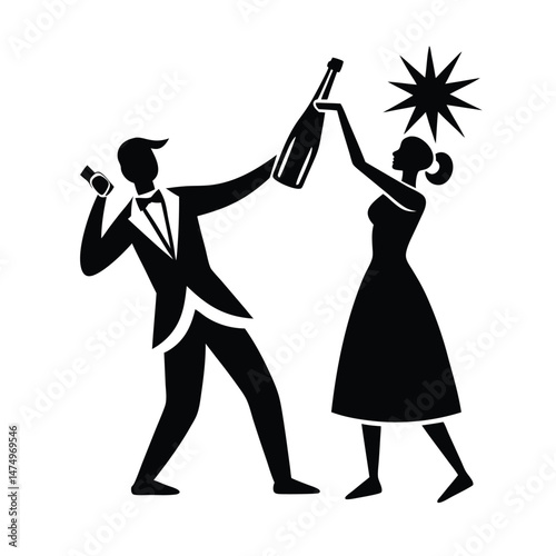 Elegant black and white illustration of a couple celebrating with champagne and starburst at a special event