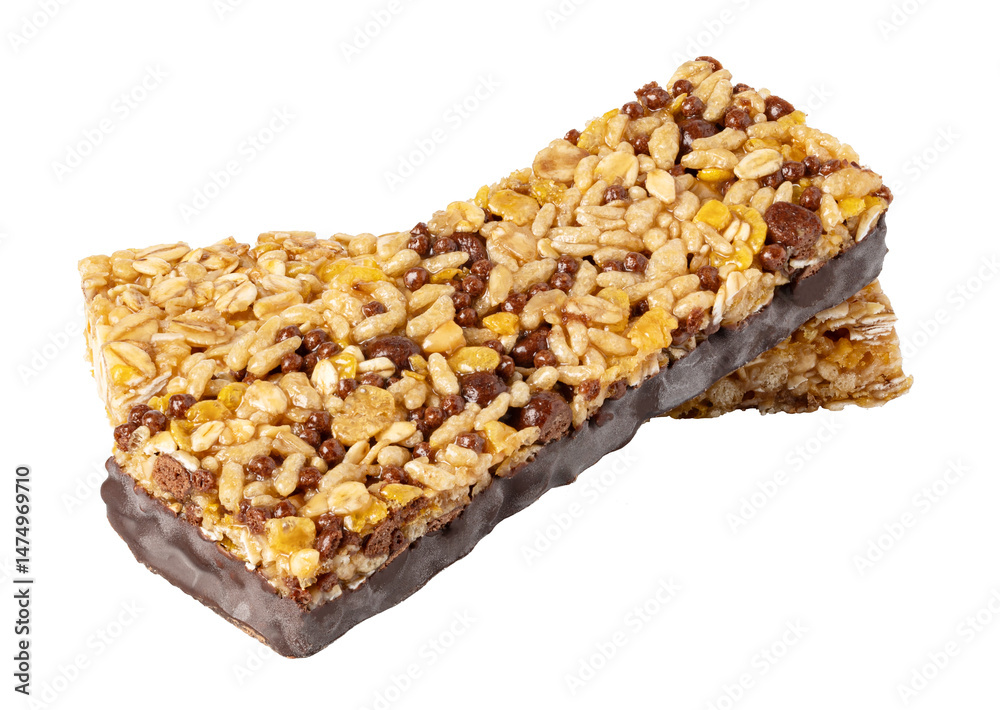 Two cereal bars with chocolate drizzled on transparent background Two cereal bars with chocolate drizzled on transparent background