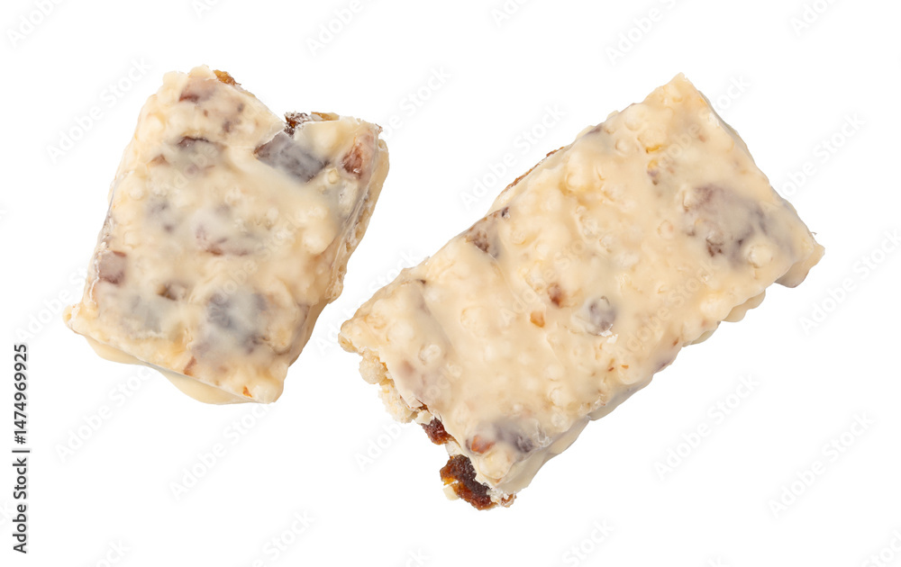 Protein bar being broken with transparent background