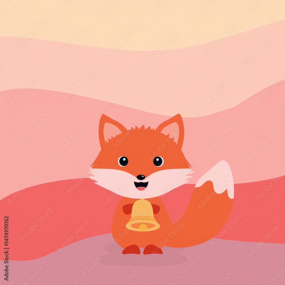 Obraz premium Cute Cartoon Orange Fox Holding a Bell Against Soft Pink and Orange Wavy Background