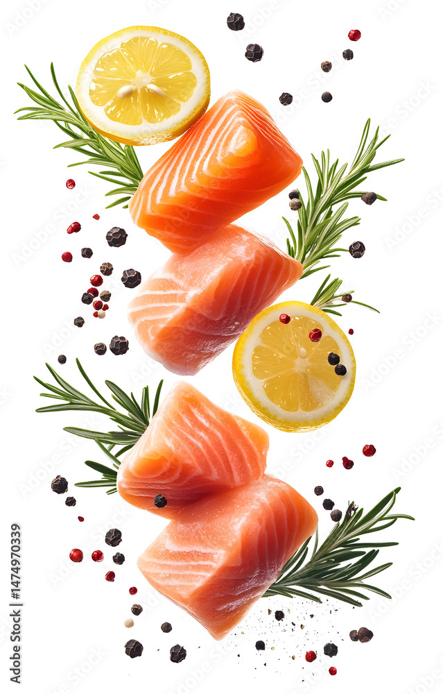 fresh raw salmon cubes, flying with lemon slices, rosemary sprigs, black and pink peppercorns, isolated on white background