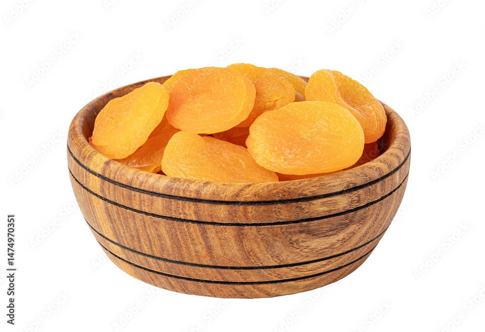 Dried apricots filling a wooden bowl on transparent background Dried apricots filling a wooden bowl on transparent background