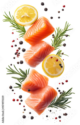 Obraz na płótnie fresh raw salmon cubes, flying with lemon slices, rosemary sprigs, black and pink peppercorns, isolated on white background w salonie