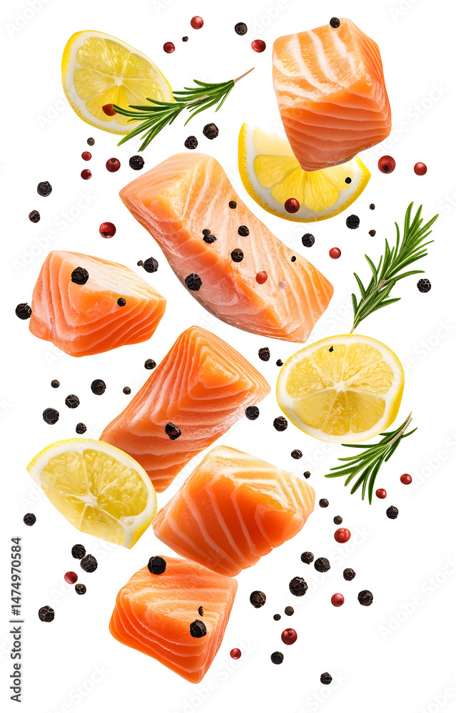 fresh raw salmon cubes, flying with lemon slices, rosemary sprigs, black and pink peppercorns, isolated on white background