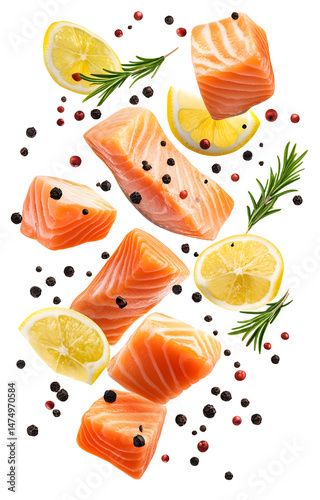 Obraz na płótnie fresh raw salmon cubes, flying with lemon slices, rosemary sprigs, black and pink peppercorns, isolated on white background w salonie