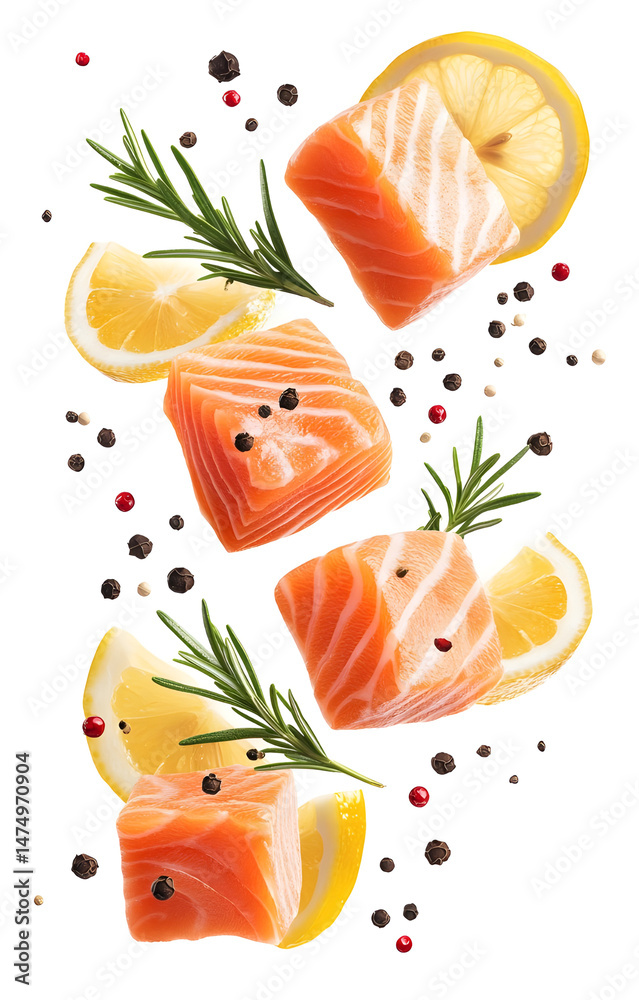 fresh raw salmon cubes, flying with lemon slices, rosemary sprigs, black and pink peppercorns, isolated on white background