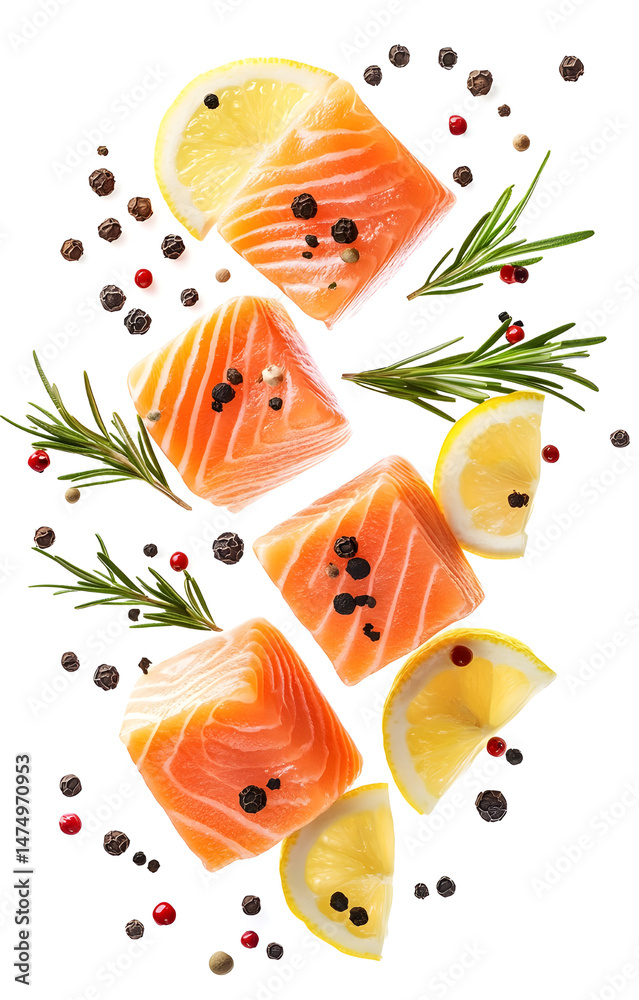 fresh raw salmon cubes, flying with lemon slices, rosemary sprigs, black and pink peppercorns, isolated on white background