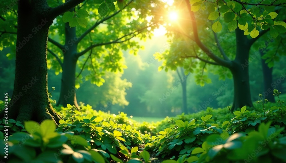 Fototapeta premium Lush green forest scene, sunlight dappled through leaves , peaceful, earthy, background