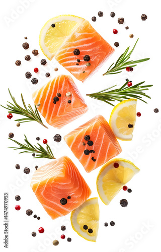 Obraz na płótnie fresh raw salmon cubes, flying with lemon slices, rosemary sprigs, black and pink peppercorns, isolated on white background w salonie