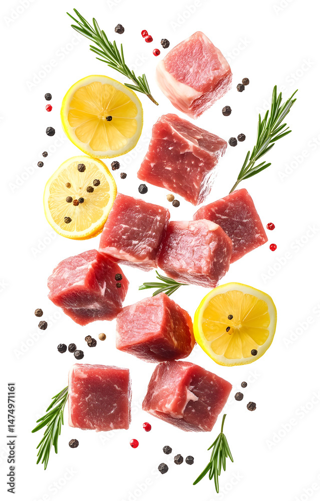 fresh raw meat cubes, flying with lemon slices, rosemary sprigs, black and pink peppercorns, isolated on white background