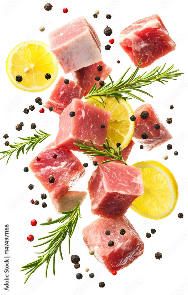 fresh raw meat cubes, flying with lemon slices, rosemary sprigs, black and pink peppercorns, isolated on white background
