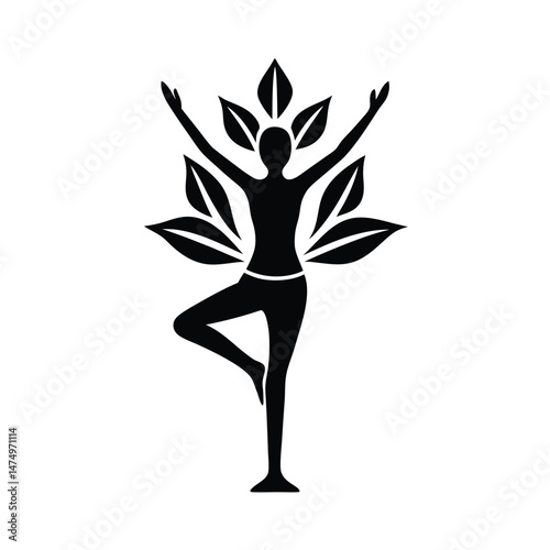 Artistic black silhouette of a woman in tree pose surrounded by leaf elements isolated on white background