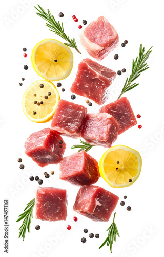 Obraz na płótnie fresh raw meat cubes, flying with lemon slices, rosemary sprigs, black and pink peppercorns, isolated on white background w salonie