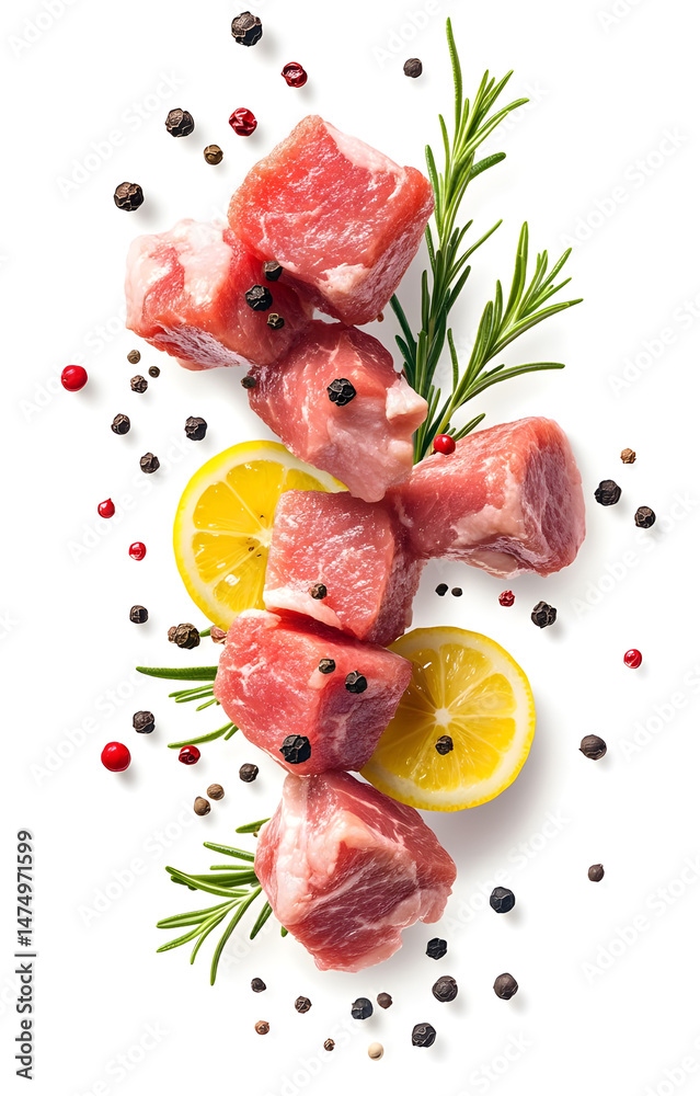 fresh raw meat cubes, flying with lemon slices, rosemary sprigs, black and pink peppercorns, isolated on white background