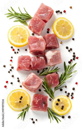 fresh raw meat cubes, flying with lemon slices, rosemary sprigs, black and pink peppercorns, isolated on white background