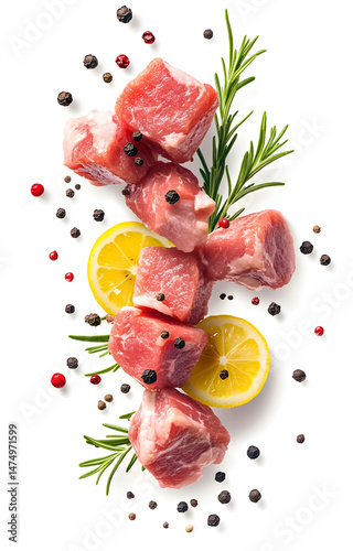 Obraz na płótnie fresh raw meat cubes, flying with lemon slices, rosemary sprigs, black and pink peppercorns, isolated on white background w salonie