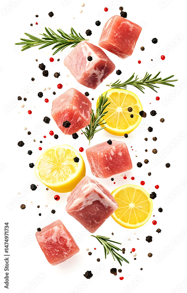 fresh raw meat cubes, flying with lemon slices, rosemary sprigs, black and pink peppercorns, isolated on white background