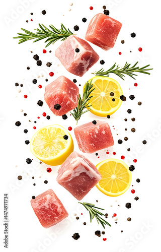 Obraz na płótnie fresh raw meat cubes, flying with lemon slices, rosemary sprigs, black and pink peppercorns, isolated on white background w salonie