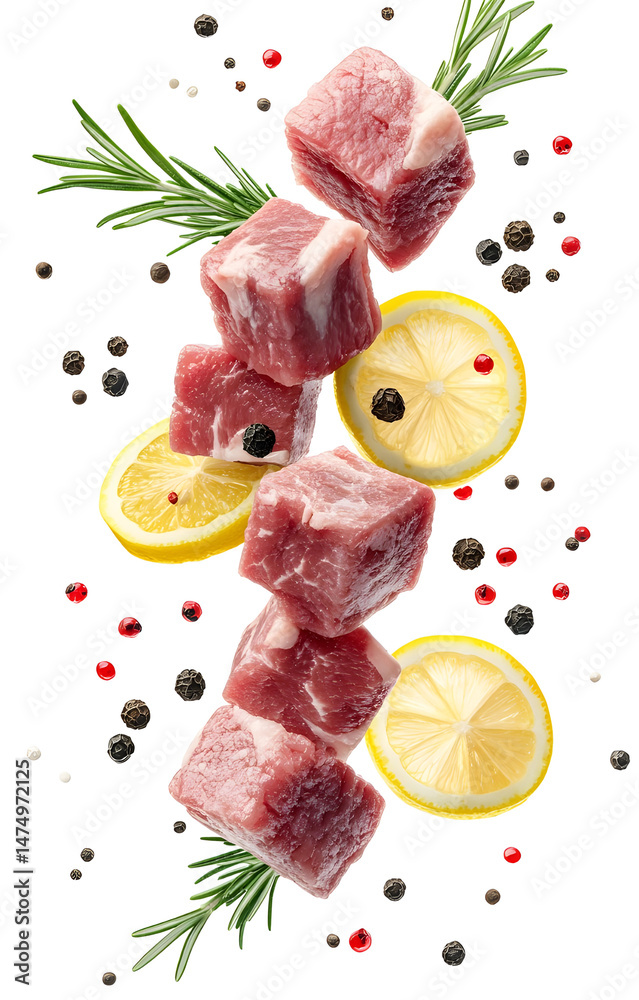 fresh raw meat cubes, flying with lemon slices, rosemary sprigs, black and pink peppercorns, isolated on white background