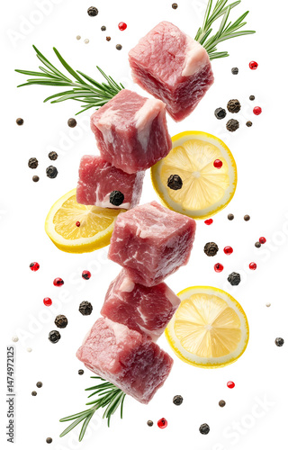 Obraz na płótnie fresh raw meat cubes, flying with lemon slices, rosemary sprigs, black and pink peppercorns, isolated on white background w salonie