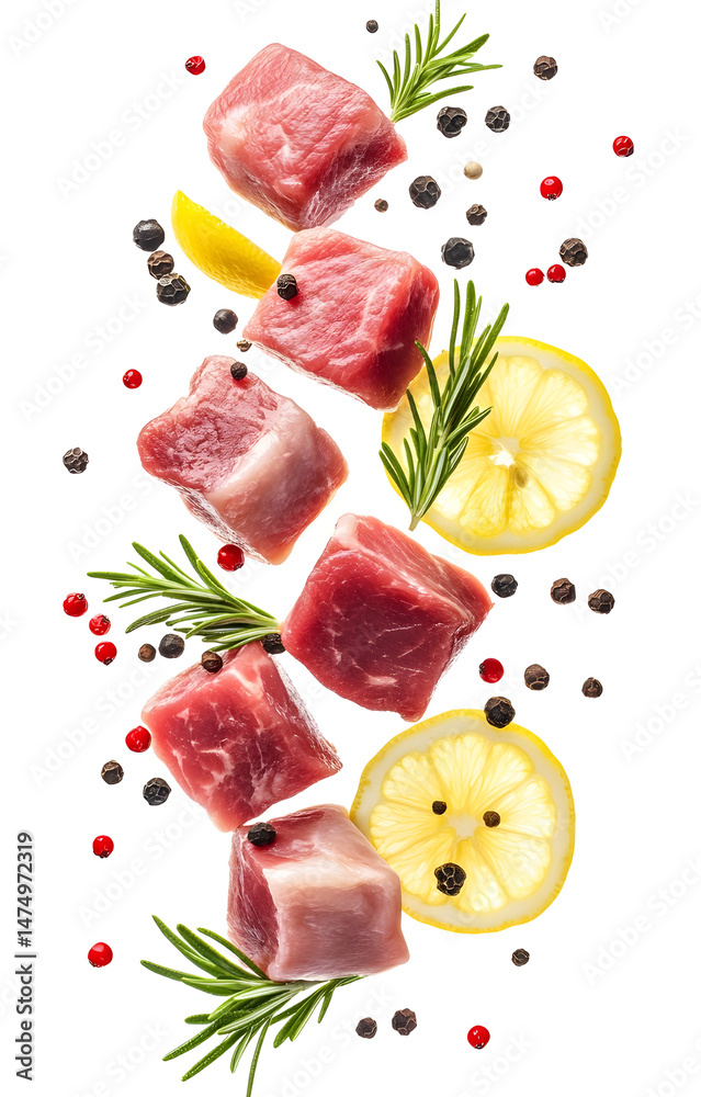 fresh raw meat cubes, flying with lemon slices, rosemary sprigs, black and pink peppercorns, isolated on white background