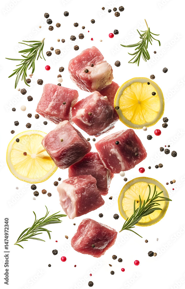fresh raw meat cubes, flying with lemon slices, rosemary sprigs, black and pink peppercorns, isolated on white background
