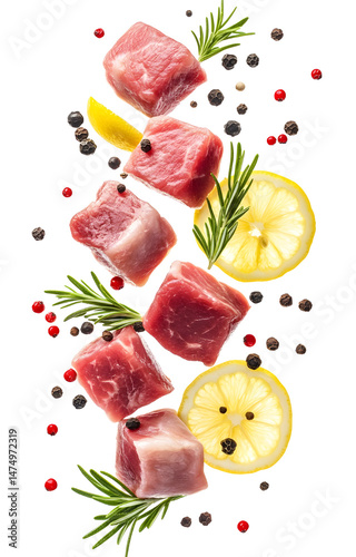 Obraz na płótnie fresh raw meat cubes, flying with lemon slices, rosemary sprigs, black and pink peppercorns, isolated on white background w salonie