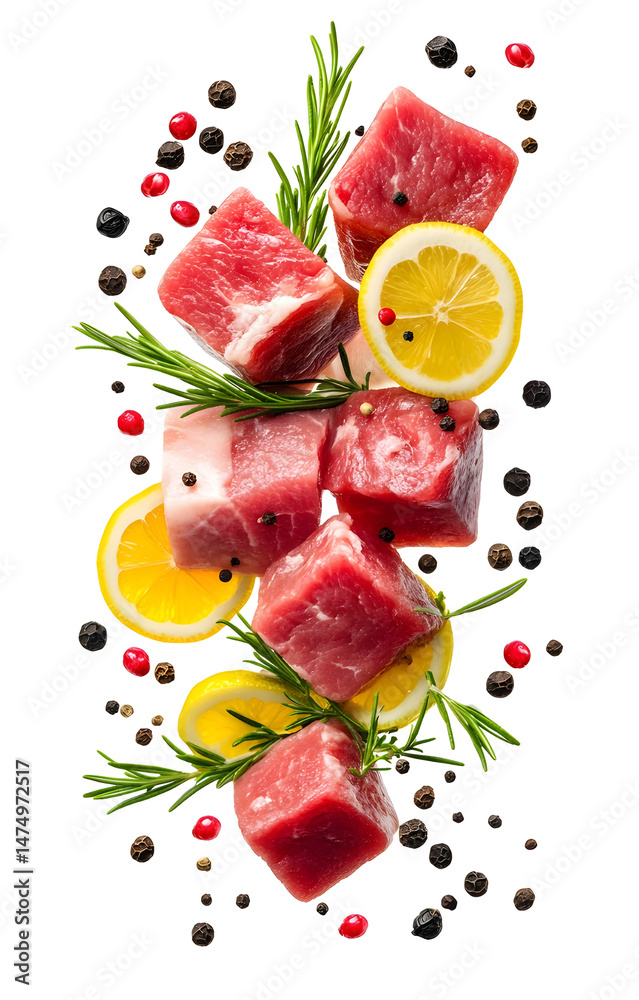 fresh raw meat cubes, flying with lemon slices, rosemary sprigs, black and pink peppercorns, isolated on white background