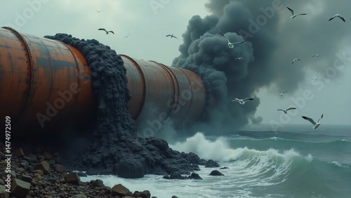 An image showcasing an environmental disaster caused by a polluting pipe. The scene evokes a sense of unease, highlighting the destructive impact of industry on nature