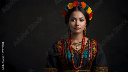 A Regal Woman in Intricately Embroidered Traditional Attire and Ornate Jewelry Gazes Intently, Her Dark Eyes Framed by a Simple, Elegant Dark Background.

