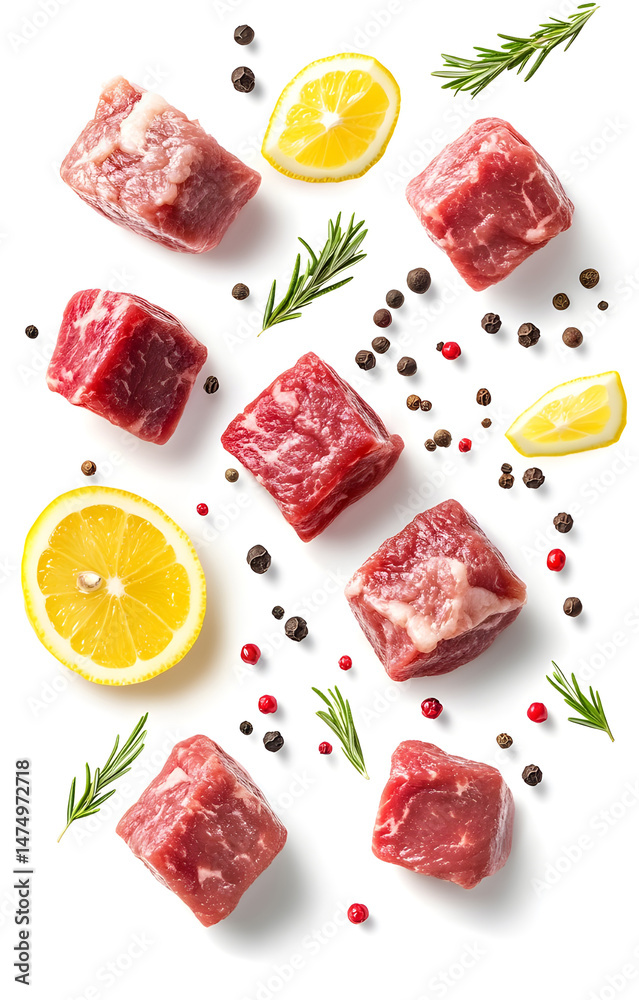 fresh raw meat cubes, flying with lemon slices, rosemary sprigs, black and pink peppercorns, isolated on white background