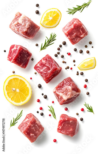 Obraz na płótnie fresh raw meat cubes, flying with lemon slices, rosemary sprigs, black and pink peppercorns, isolated on white background w salonie