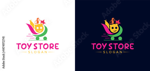 Toy Store Logo Design. Toys store, toys shop, baby shop, toy shop cart design template. Toys shopping mall vector logo