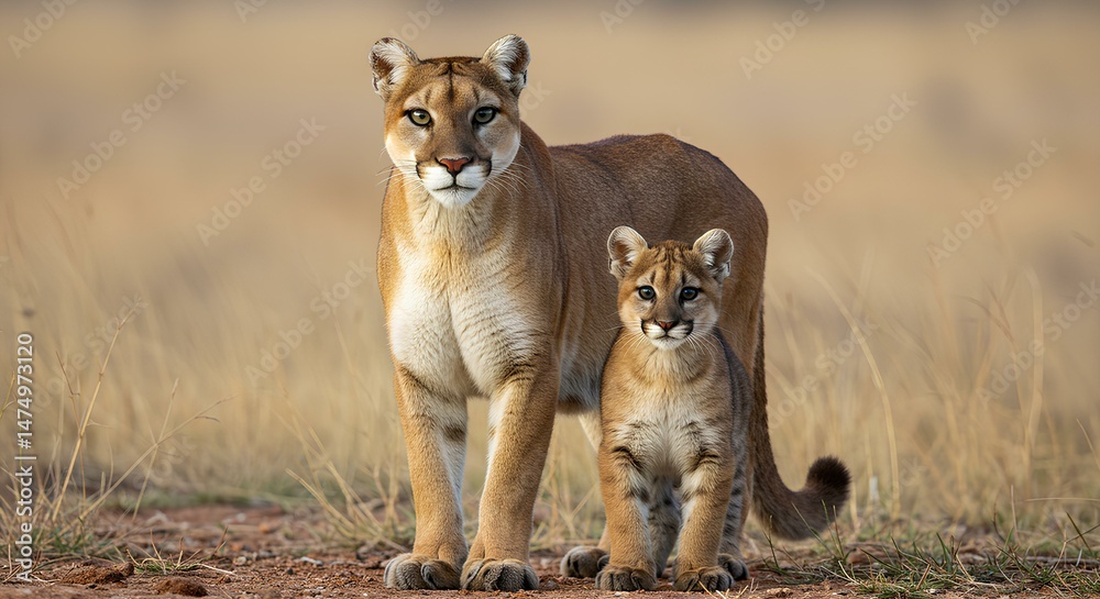 Obraz premium Lioness and Her Playful Cub Strolling Through the African Savanna